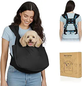 Dog Sling Carrier for Small Dogs with Bottom Support, Adjustable Pet Front Dog Carrier-Padded Strap Reducing Back Neck Pain, Anti-Anxiety Backpack for Travel Hiking Camping, Hands Free (Black,M)