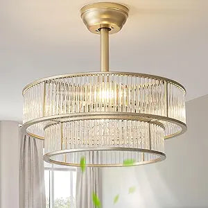 20" Gold Crystal Chandelier Ceiling Fan, Gold Caged Fandelier Ceiling Fan with Light, Modern Crystal Style 6-Speed Chandelier for Bedroom, Living Room, Nursery, Foyer.