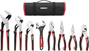 ARROW 8-Piece Pliers and Wrench Set, 12"/10"/8" Groove Joint Pliers, 8" & 6" Long Needle Nose, 8" Linesman, 6" Slip Joint, 8" Adjustable Wrench, Dual-Color TPR Handles, Roll-Up Pouch Included
