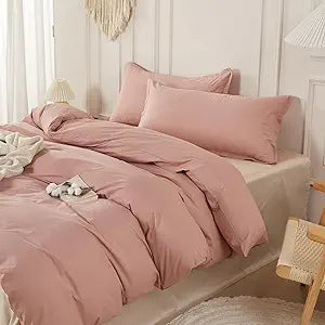 SAPHREAS 100% Washed Cotton Duvet Cover Queen Size Set, Linen Like Comforter Cover with Zipper Closure & Corner Ties (No Comforter), 90x90 Dusty Rose