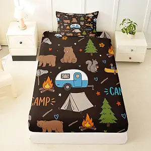 Erosebridal RV Camper Twin 2Pcs Bedding Set, Forest Theme Camping Fitted Sheet for Kids Girls Boys, Woodland Animal Print Bear Sheets, Outdoor Travel Trailer Bed Sets Room Decor