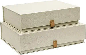 2-Piece Elegant Beige Cream Paper-Linen Textured Photo Storage Box with Leather Tab, Cardboard Keepsake box Set, Photo Storage Box for Memory, Documents, and Mementos, Magnetic, Home Decor