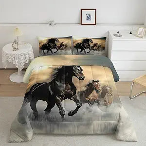 Black Horse Comforter Set Twin 3D Horse Printed Down Comforter, for Adult Women Boys Wild Animal Pattern Quilted Duvet Chic Unique Horse Western Cowboy Farmhouse Theme Soft Breathable Duvet Insert