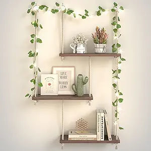 REFGY Hanging Shelves for Wall with Vine Lights, 3 Tier Rope Wall Hanging Plant Shelf, Boho Wall Decor Aesthetic for Succulents, Bedroom, Living Room, Bathroom (Rustic Brown)
