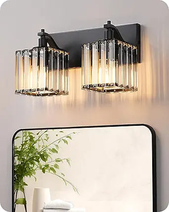 EDISHINE Bathroom Vanity Light Fixtures, 2 Light Crystal Bathroom Lighting Fixtures Over Mirror, Modern Wall Sconce for Powder Room, Bedroom, E26 Base, Black