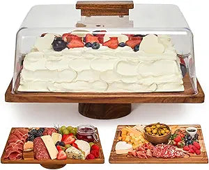 Acacia Wood Cake Stand with Lid, 2-in-1 Rectangular Charcuterie Board & Dessert Display with Shatterproof Acrylic Dome Cover, Serving Platter for Outdoor Entertaining, Wedding Receptions