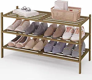 Smiry Long Bamboo Shoe Rack, 3 Tier Free Standing Wooden Shoe Organizer, Stackable Wood Shoe Storage Shelf for Closet, Entryway, 5 Horizontal Slats, 33.9"x11"x18.3", Walnut