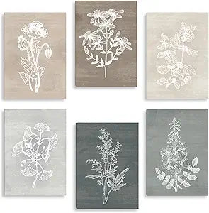 BINCUE Neutral Botanical Plant Canvas 6 Pieces Wall Art Rustic Wall Decor Farmhouse Wall Paintings Botanical Prints Simple Plants Wall Pictures Minimalist Flower Decor for Living Room Bedroom Bathroom Office Dining Room 12"x 16"
