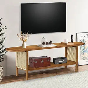 Bamboo TV Stand for TVs up to 65", Accent Entertainment Center with Storage, Media Console Table with Rattan, Modern TV Stand for Living Room, Bedroom, 55"(L), Walnut