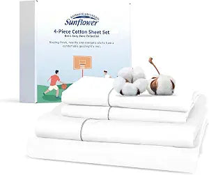 sunflower Queen Sheet Set Deep Pocket, 100% Cotton Sateen, White