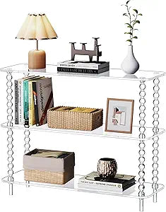 Acrylic Clear Console Table for Entryway, 3-Tier Sofa Table Bookshelf, Low Bookcase with Open Storage Shelves, (Clear, 31.5"11.828.6)