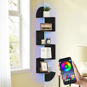 Corner Shelf Wall Mounted, 5 Tier Corner Bookshelf with Light, Corner Floating Shelves Display Shelf Stand for Bedroom, Bathroom, Living Room, Kitchen, Home, Office (Black)