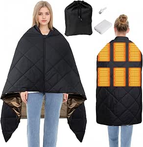 Heated Blanket Outdoors, Battery Operated Heated Throw with 10000mAh Power Bank, Cordless Wearable Electric Blanket & Shawl, 6-Zone Fast Heating for Camping, Hiking, Stadium Events & Travel