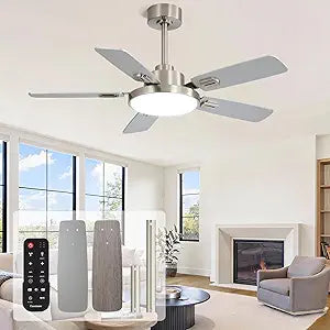 44 Inch Ceiling Fans with Lights and Remote for Bedroom Living Room Kitchen Office, Indoor/Outdoor Use, 5CCT Dimmable, Dual Color 5 Blades, 6 Speed Reversible Quiet DC Motor, Sand-nickel/Wood Grain