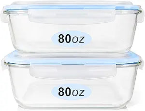 Glass Food Storage Containers Set, Large Size Containers with Lids, BPA-free Locking lids, 100% Leak Proof Glass Meal Prep Containers, Freezer to Oven Safe (2 Pack of 80oz)