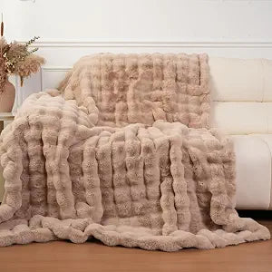 Super Comfort Oversized Warm Thick Bubble Luxury Plush Rabbit Faux Fur Throw Blanket, Fluffy Blanket,Soft Cozy Blanket for Couch Chair Bed Sofa Living Room (Wheat, 60inX80in)