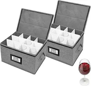 HURZMORO Wine Glass Storage Box 2-Pack  Holds 24 Stemware Glasses, Padded Dividers for Protection, Stackable & Portable Wine Glass Organizer, Oxford Fabric Moving & Holiday Storage Case