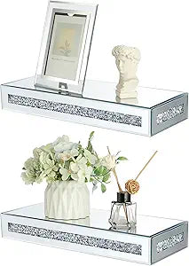 Sumnacon Mounted Floating Shelves 2 Pcs Crushed Diamond Display Shelves for Wall Stylish Floating Wall Shelf for Plants Mirrored Glass Floating Shelf for Living Room,Bathroom Decor