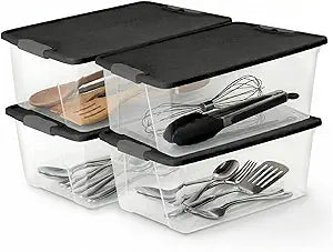 HOMZ 4-Pack Secure Latch, Clear Plastic Storage Organizer Bins, 15 Quart, Gray Lid - Stackable Container Boxes for Bedroom, Bathroom, Garage, and Office Organization