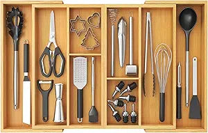 Lifewit Expandable Utensil Organizer for Kitchen Drawer, Adjustable Cooking Silverware Tray, Plastic Cutlery Flatware Holder, Spatula Tools Gadgets Storage Divider, 21- 36 x 16, Bamboo, Natural