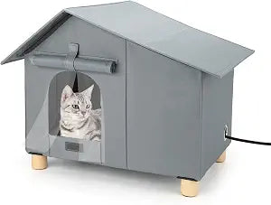 Large Heated Cat House for Outside,Elevated Clawsable Cats House with Cats Heating Pad Outdoor Winter,Weatherproof Warm Feral Cat Shelter with Safe Escape Door for for Multiple Pets