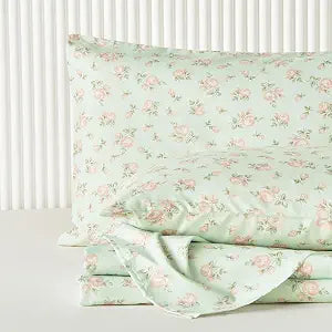 Wake In Cloud - Floral Bed Sheets, 4-Piece Sheet Set, Shabby Chic Flower Rose Pattern Printed Coquette Cottagecore Vintage Aesthetic Bedding, Deep Pocket, Green Pink, Queen Size