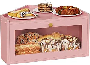 Trironsun Corner Bamboo Bread Box for Kitchen Counter Large Rustic Bread Storage Container with Acrylic Door Space-Saving Vintage Bread Keeper for Homemade Bread (Pink)