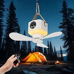 Portable Ceiling Fan with Lights Remote,USB Rechargeable Camping Fan,9.25" Wireless Tent Fan with 4 Speeds,Timer,Battery-Powered Ceiling Fan for RV,Truck,Rooftop Tent,Travel,Camping (White)