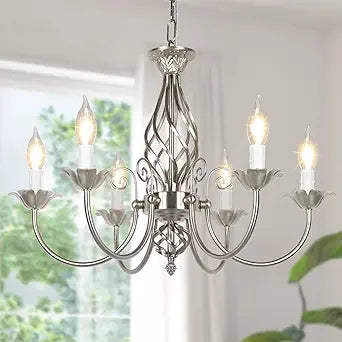 6-Light Farmhouse Candle Chandelier for Living Room, Rustic Industrial Pendant Ceiling Light fixture, Brushed Nickle Modern Ceiling Hanging Lamp for Bedroom Hallway Kitchen Dining Room Foyer, E12 Base