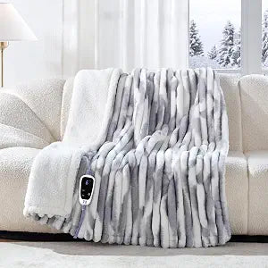 Sealy Electric Blanket Throw Size 50"*60",Super Cozy Faux Fur to Sherpa Reversible Heated Blanket Throw with 6 Heating Levels & 2-10 Hours Auto Off Overheating Protection Machine Washable,Blue White