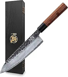 MITSUMOTO SAKARI 8 Inch Gyuto Chef Knife, Japanese Hand Forged Kitchen Knife, 3-Layer 9Cr18MoV High Carbon Steel, Rosewood Handle & Sandalwood Box