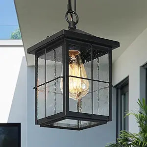 LOG BARN Outdoor Pendant Light Fixture, Farmhouse Exterior Lights, Anti-Rust Ceiling Outdoor Light with Seeded Glass, Lantern Hanging Light for Front Door, Entry, Porch, and Gazebo
