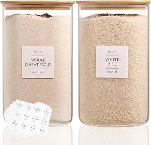 2 Pack large Square Glass Flour and Sugar Containers with 132 Kitchen Pantry Labels - Thicken 149 floz Glass Storage Jars with Airtight Bamboo Lid - Big Rice Canisters for Coffee, Pasta, Cereal