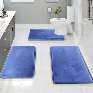 Clara Clark 3 Piece Bathroom Rugs Bath Mat Set, Velvet Memory Foam Bath Mats for Bathroom - Non-Slip, PVC Backing Bath Rugs, Washable - Dries Quickly, Blue