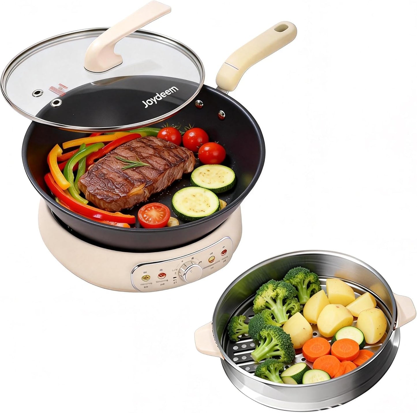Joydeem 5Qt Electric Skillet, Pure Iron Nonstick Frying Pan with Glass Lid & Steamer Rack, 1600W 3-Level Heat Control, Removable Pot, Family-Sized Cooker for Boil Steam Sauté, 11.81inch