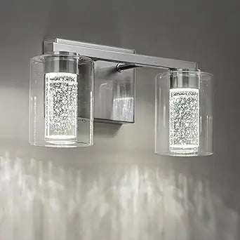 SineRise 2-Light Brushed Nickel Vanity Light with 3 Color Modes (3000K/4000K/6000K), Eye Protection LED Bathroom Light Fixture, Dimmable Modern Wall Light Over Mirror with Clear Glass Shade
