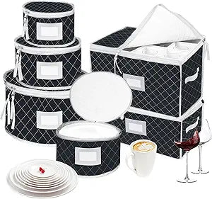 China Dinnerware Storage Containers Set- Dish,Mug,Stemware Storage Cases - Quilted Box Bins Stackable with Divider,handles,Clear Window for Cups,Plates,Wine Glasses Moving Set of 6 (Black)