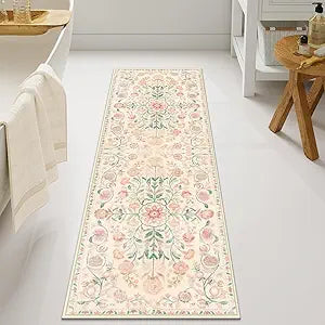Uphome Bathroom Runner Rug Beige Vintage Long Bathroom Rug Soft Shaggy Non-Slip Large Bath Mat Machine Washable Boho Colorful Floral Bath Rugs for Bedroom Entryway Hallway, 20x60 inch
