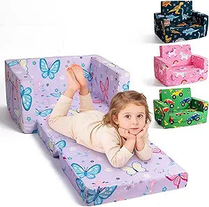TinyPalsa Foldable Toddler Couch, 30% More Firmness, 2-in-1 Comfy Sofa & Lounger for 3+ Years Old Girls Boys, Space Saving & Easy to Clean Kids Chair for Reading, Playroom (Purple Butterfly)