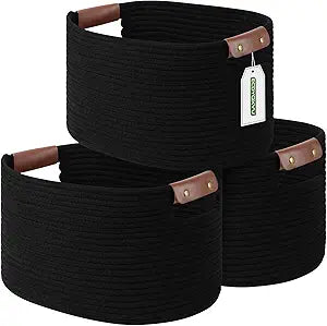 ECDYQXVU Cotton Rope Basket, Storage Baskets with Handle, 15x10x9 Inch Woven Basket for Shelves, Laundry, Towels, Clothes, Books, (Black 3Pack)