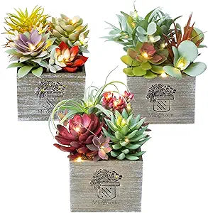 Succulents Plants Artificial with Light, Small Fake Plants in Pots for Home Decor, Potted Decorative Succulents Plants for Table Desk Bathroom Office Room Decor