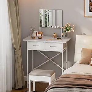 Jakyitvi Small Vanity Desk with Mirror and Drawers, White Makeup Vanity Table with Storage, Compact Vanity for Bedroom, Modern Makeup Desk for Girls, Space-Saving Vanity Table