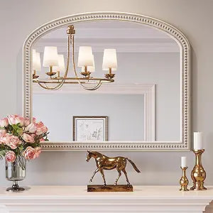 Boho Mirror for Wall, 36" x 30" Farmhouse Arched Rustic Wooden Frame Mirror with Beaded, Arch Decorative Wall Mirrors for Bathroom, Vanity, Living Room, Entryway