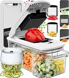 Fullstar XL Vegetable Chopper & Mandoline Slicer  Vegetable, Onion, Potato, Food, Veggie & Fruit Slicer, Dicer & Spiralizer with Pull-Out Catch Tray, Kitchen Gadgets & Gifts (6 in 1, Black/White)