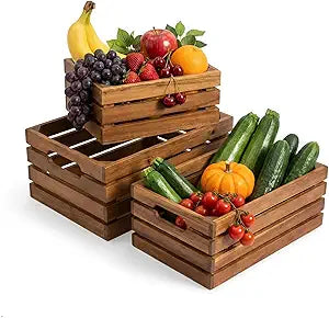 VICTORY RELAX Nesting Wood Storage Crates (Set of 3) - Natural Acacia Wood Stackable Wooden Boxes for Storage & Organization - Decorative Wooden Basket Set for Fruits, Shelving & Home Decor