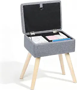 Vanity Stool Chair with Storage,Linen Ottoman with Solid Wood Legs,Gray