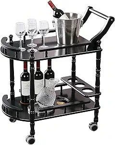 Entertainment Kitchen Cart, Midcentury Modern Imported rubberwood Black Finished Wood 2-Tier Mobile Bar Cart Serving Cart