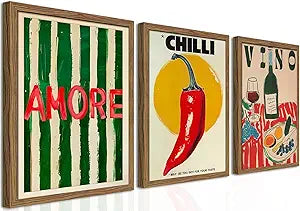 Framed Kitchen Wall Art Set of 3, Abstract Table Food Kitchen Wall Decor, Chilli Pictures Prints Artwork, Vintage Dining Room Canvas Painting, Modern Kitchen Home Decoration  12x16 inch