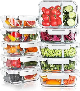 KOMUEE 10 Packs 30oz Glass Meal Prep Containers 2 Compartments,Glass Food Storage Containers with Lids,Airtight Lunch Bento Boxes,Oven,Freezer and Dishwasher Safe, White