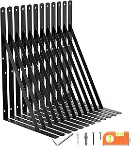 12-Pack 18 Inch Heavy Duty Shelf Brackets, Large Floating Wall Bracket for Garage Storage Shelves, Black Powder-Coated Finish, Load Capacity 800lbs